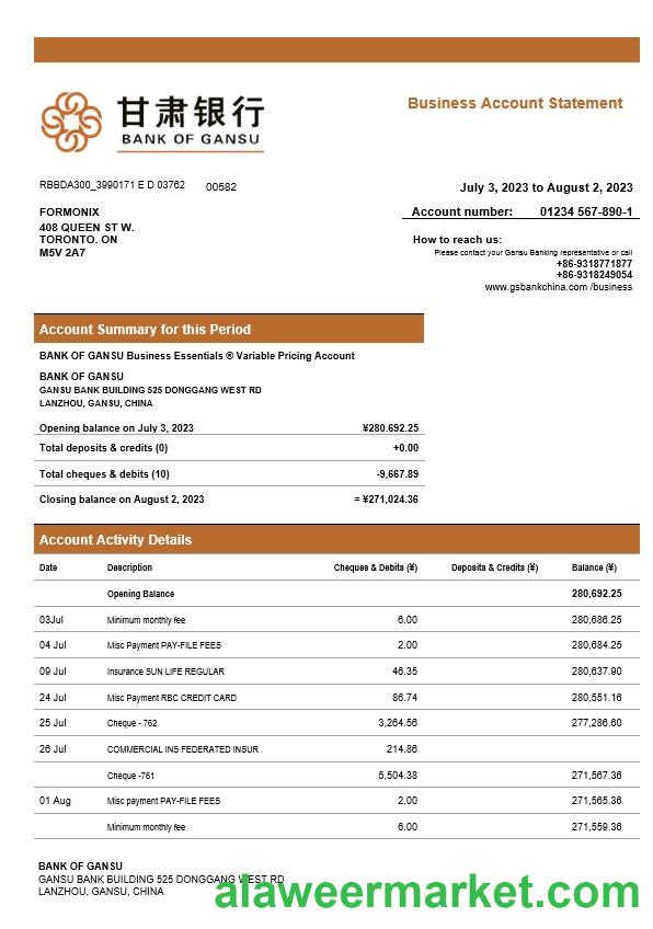 Bank of Gansu business checking account statement Word and PDF template